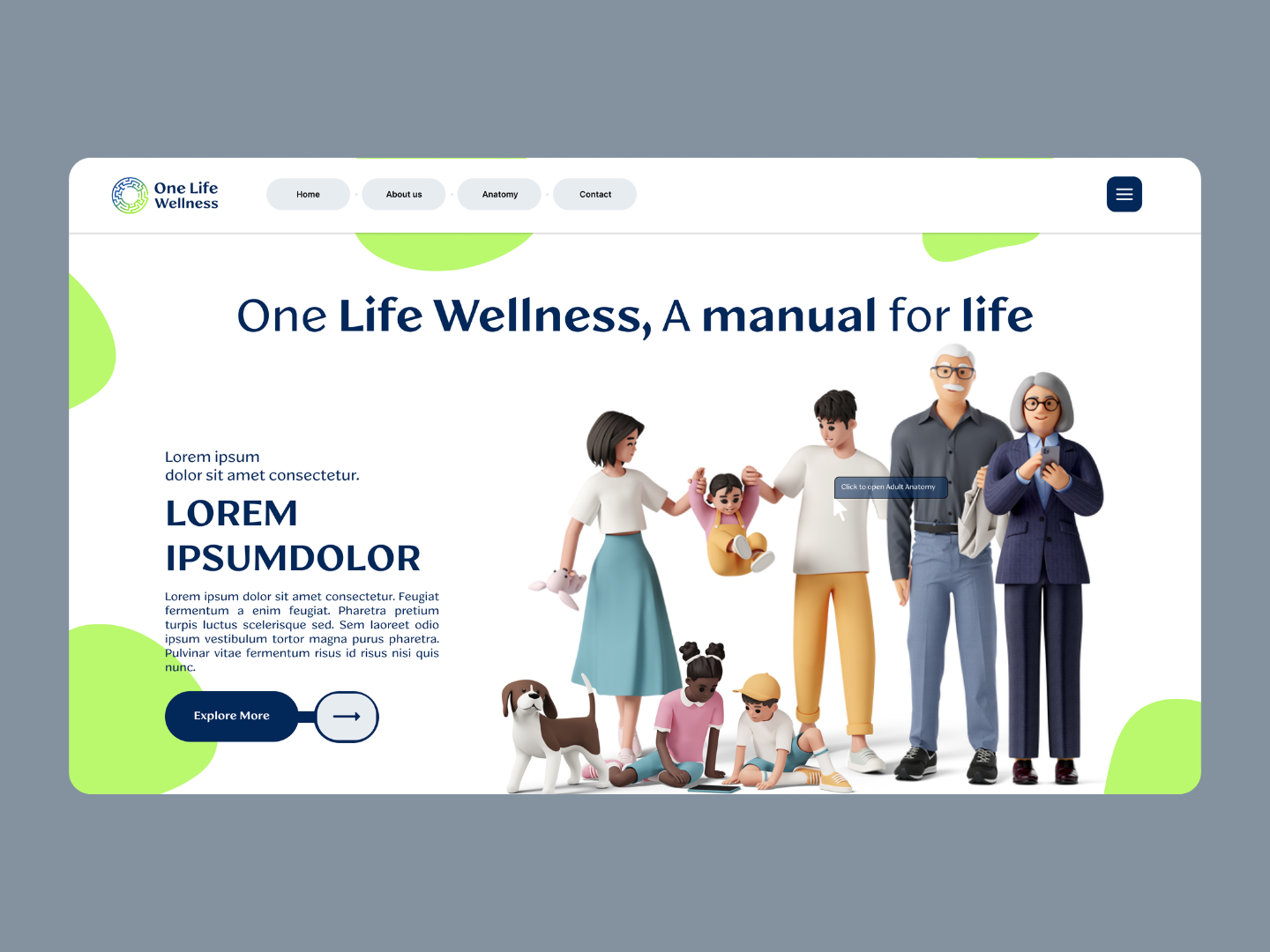 Home About us Anatomy Contact One Life Wellness, A manual for life Lorem ipsum dolor sit amet consectetur. Click to open Adult Anatomy LOREM IPSUMDOLOR Lorem ipsum dolor sit amet consectetur. Feug